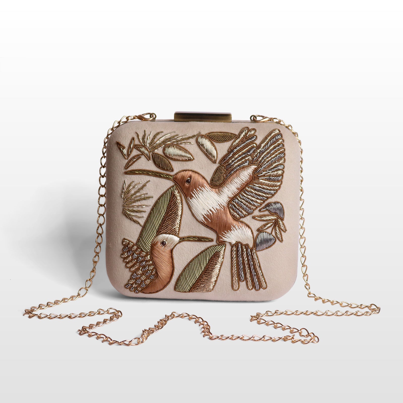 Serenade: Square Handmade Velvet Clutch with Zardosi Birds