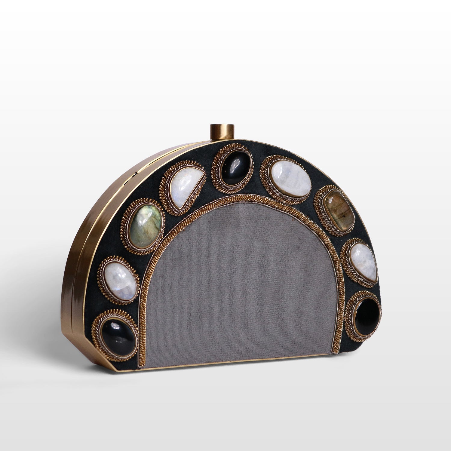 Luxury Brass-Framed Gemstone D-Shaped Velvet Clutch