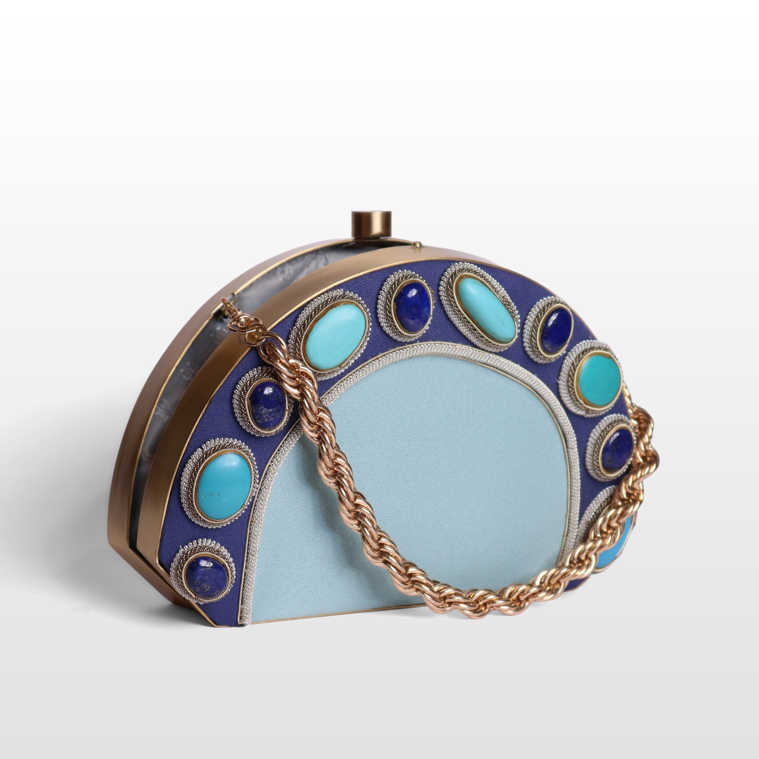 Luxury Brass-Framed Gemstone D-Shaped Velvet Clutch