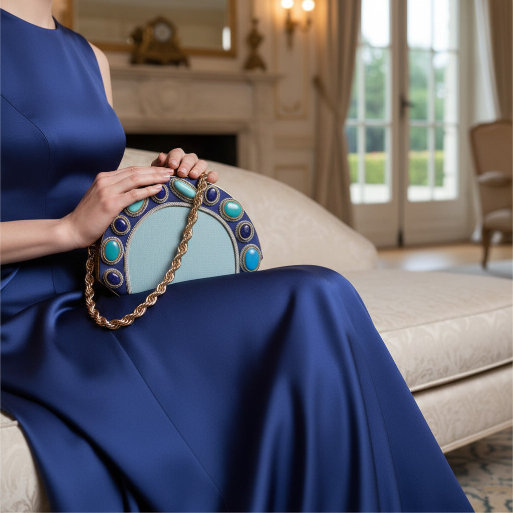 Luxury Brass-Framed Gemstone D-Shaped Velvet Clutch