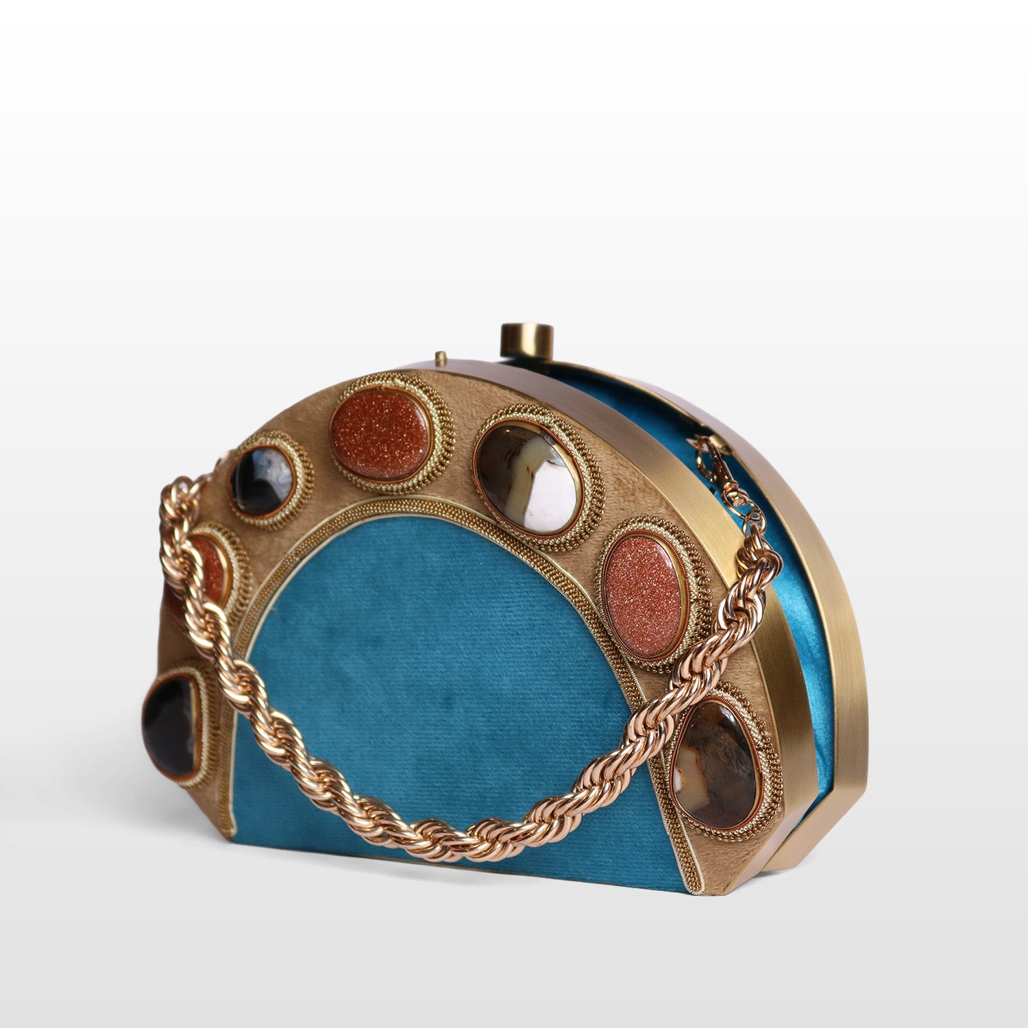 Luxury Brass-Framed Gemstone D-Shaped Velvet Clutch