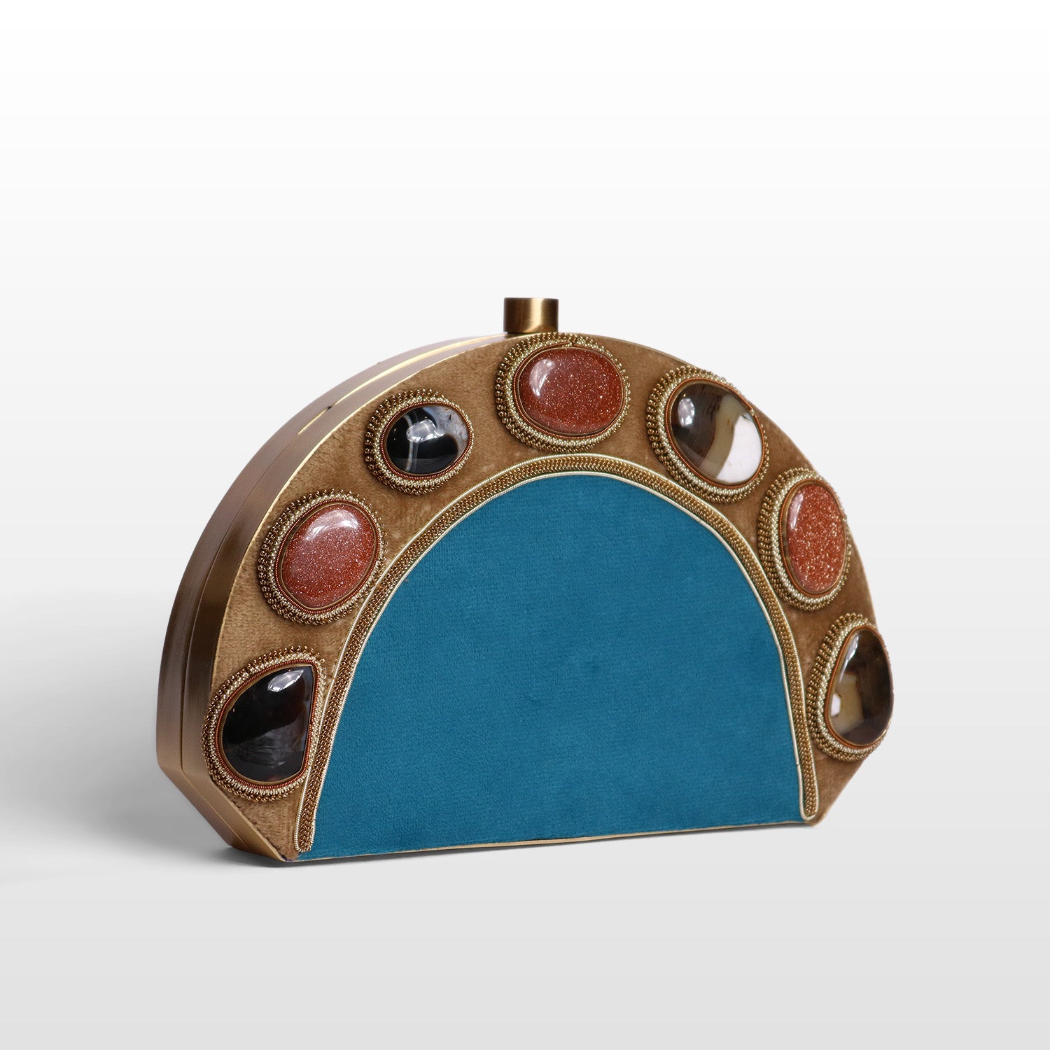 Luxury Brass-Framed Gemstone D-Shaped Velvet Clutch