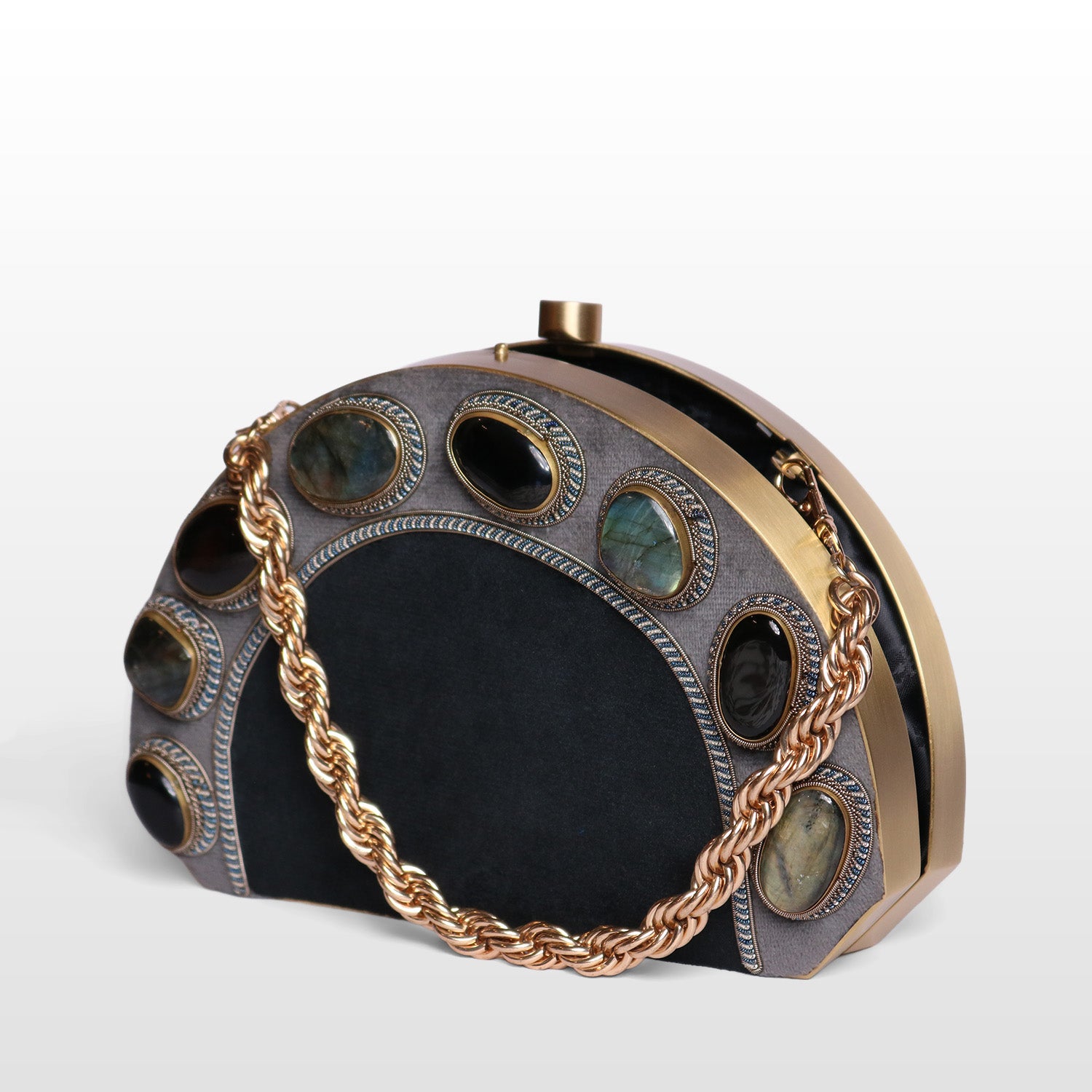 Luxury Brass-Framed Gemstone D-Shaped Velvet Clutch
