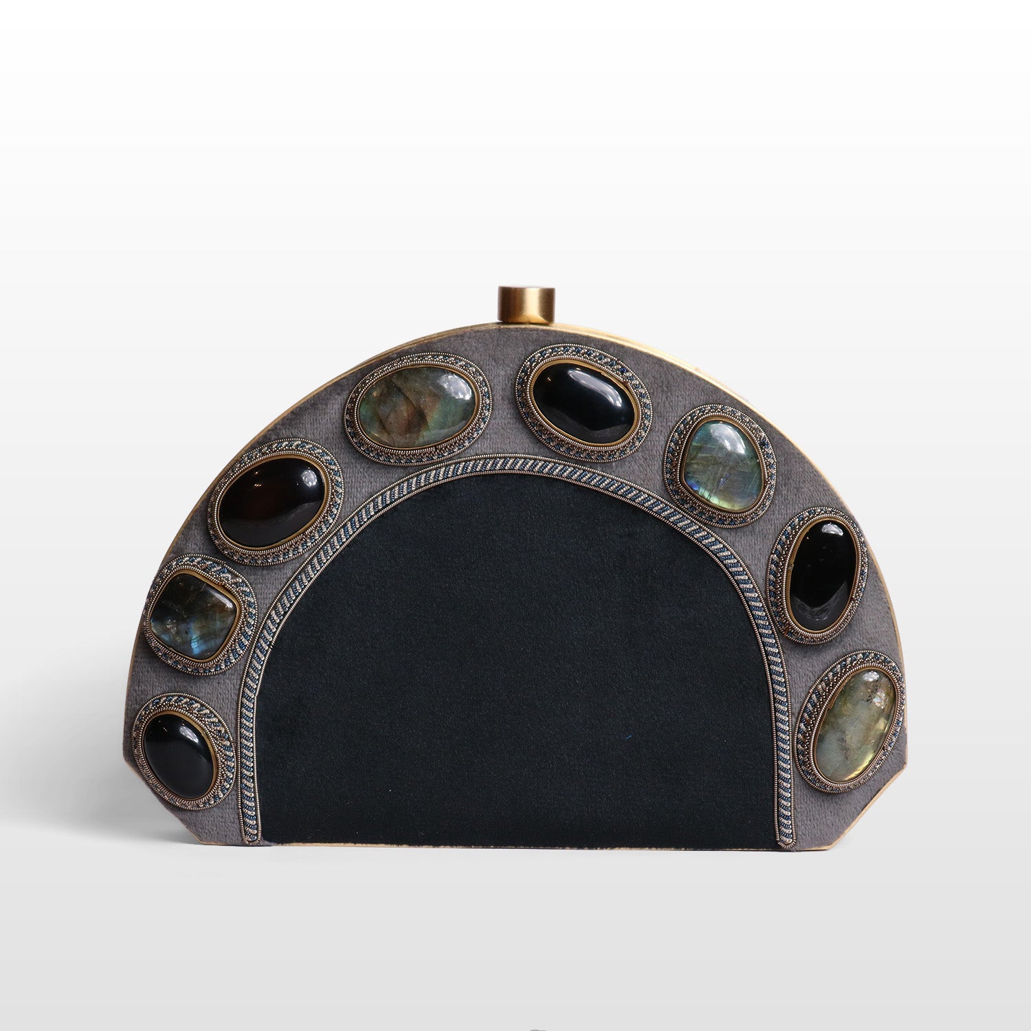 Luxury Brass-Framed Gemstone D-Shaped Velvet Clutch