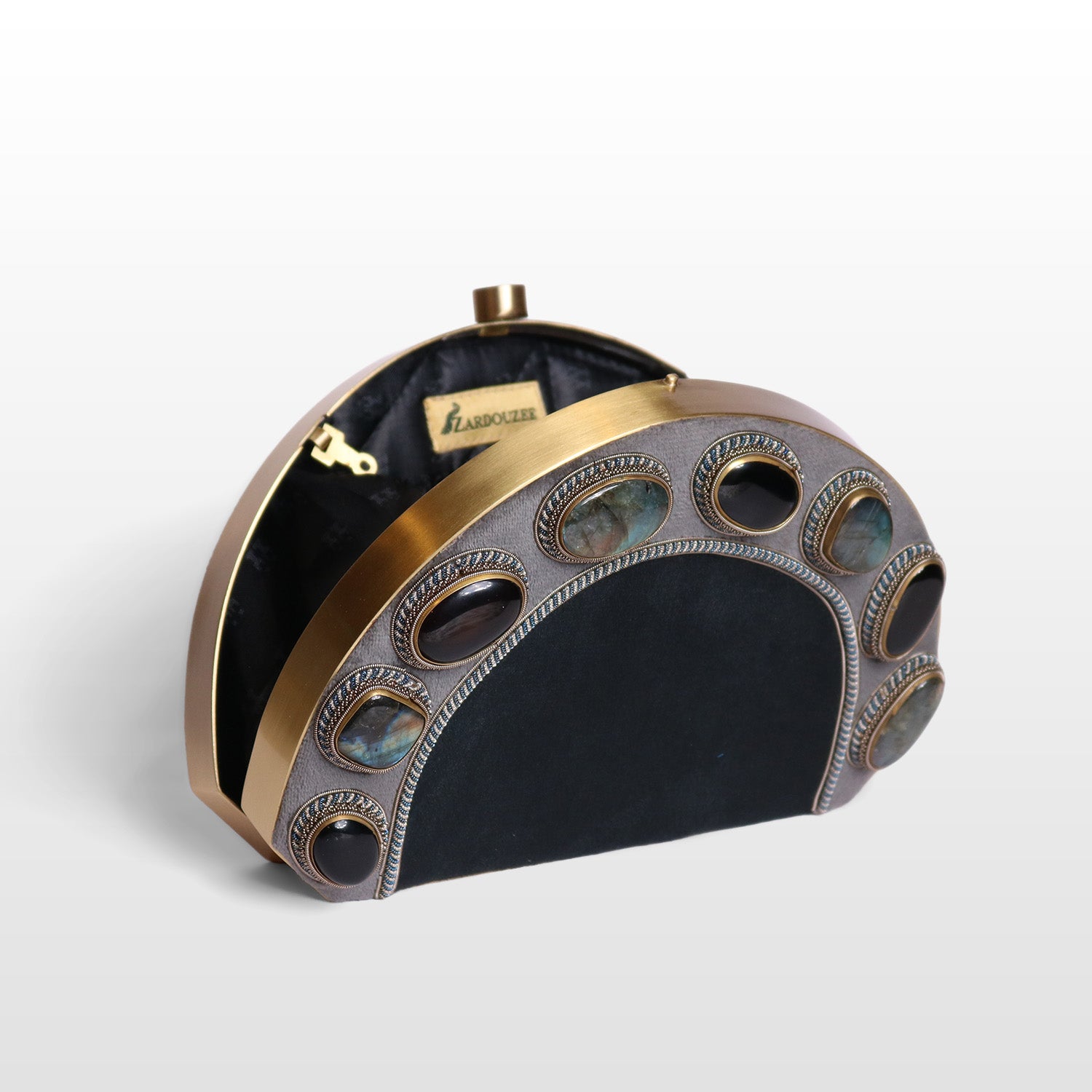 Luxury Brass-Framed Gemstone D-Shaped Velvet Clutch