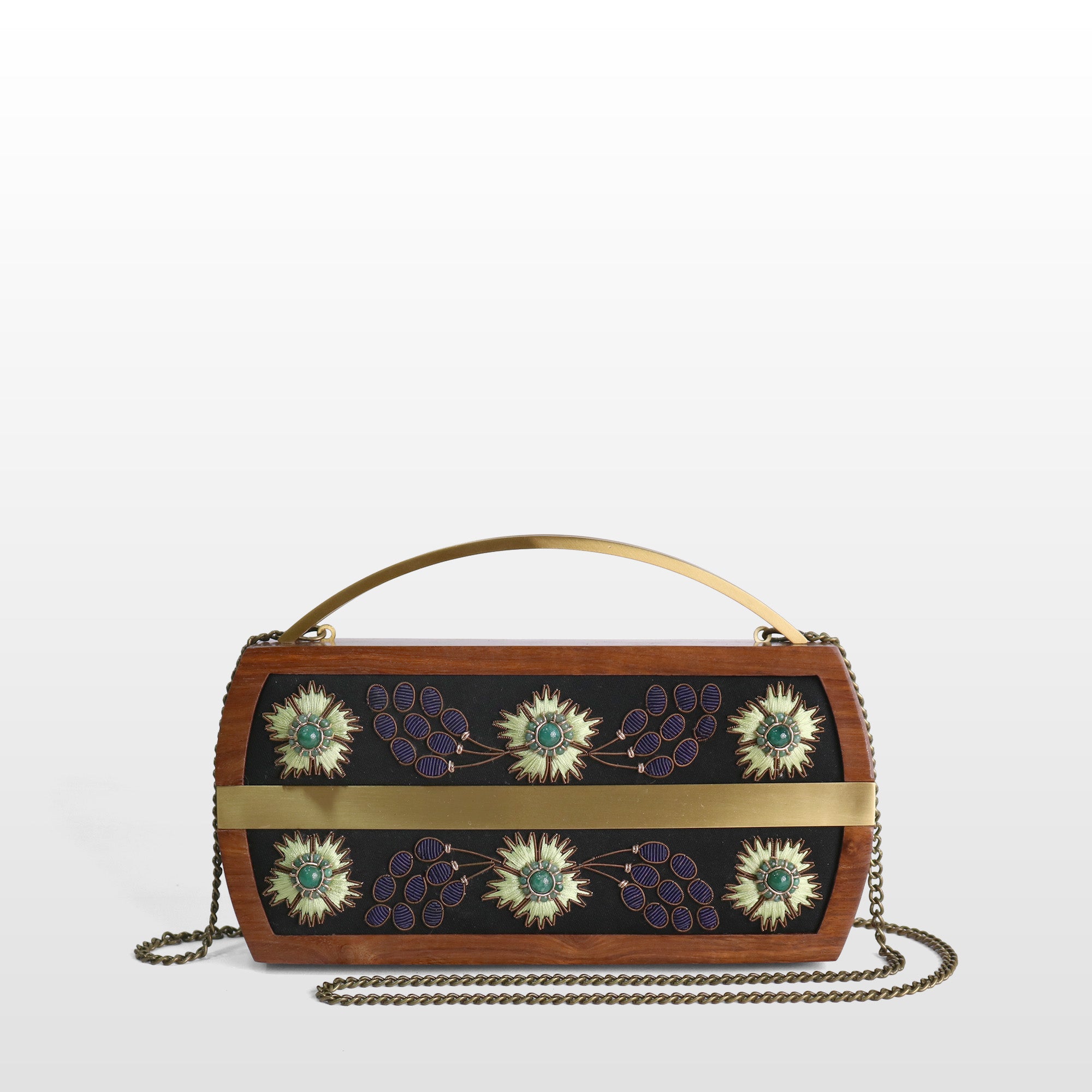 Handcrafted Floral Wooden Frame Top Handle Clutch