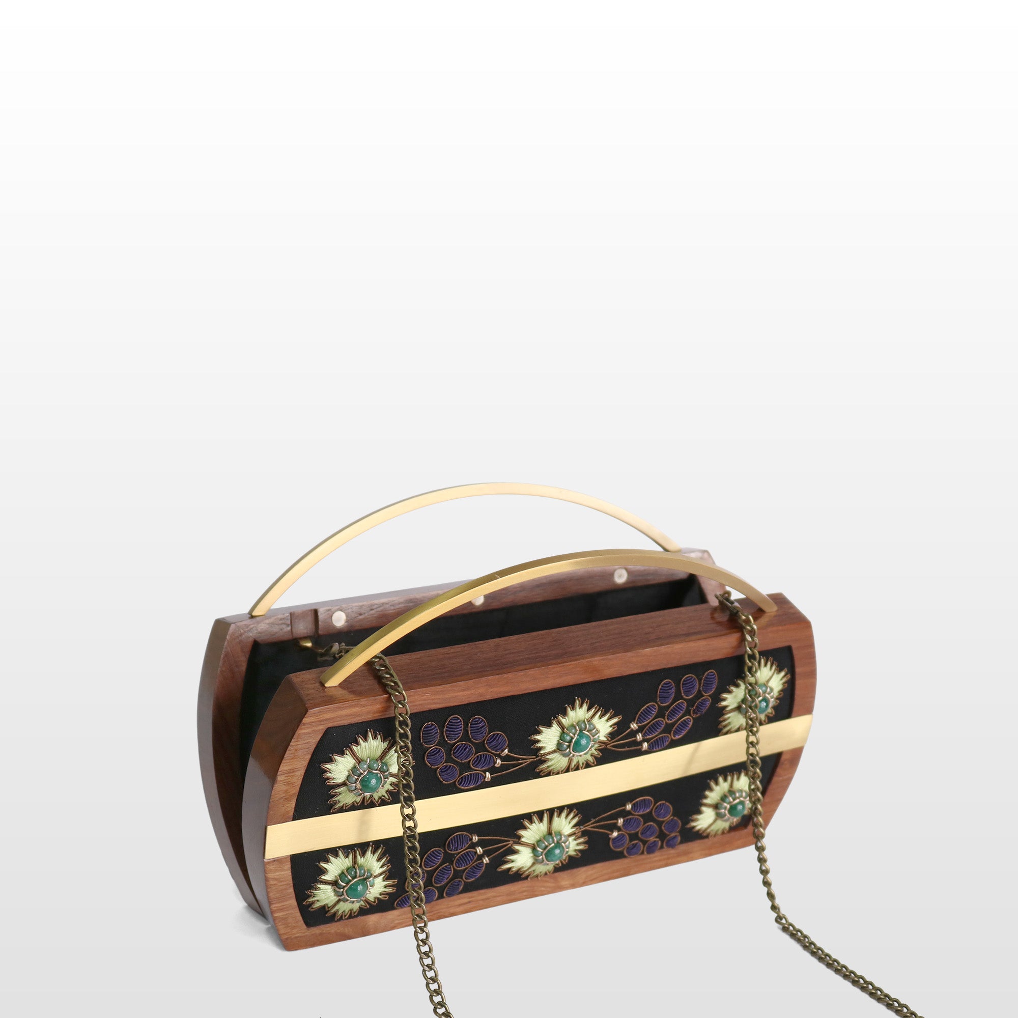 Handcrafted Floral Wooden Frame Top Handle Clutch