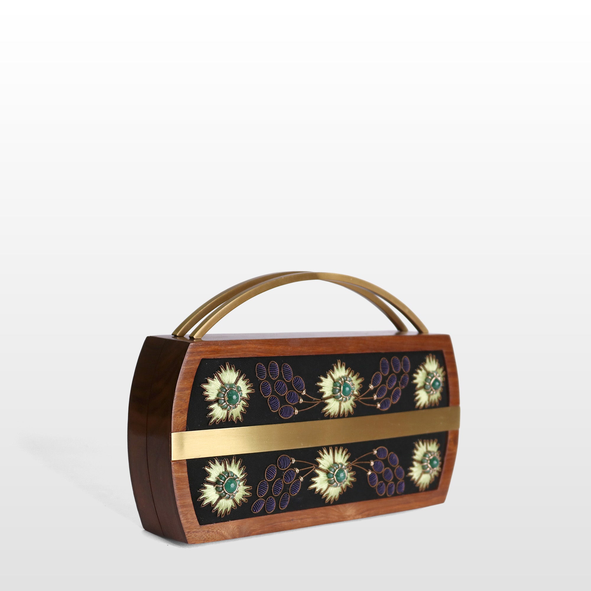 Handcrafted Floral Wooden Frame Top Handle Clutch