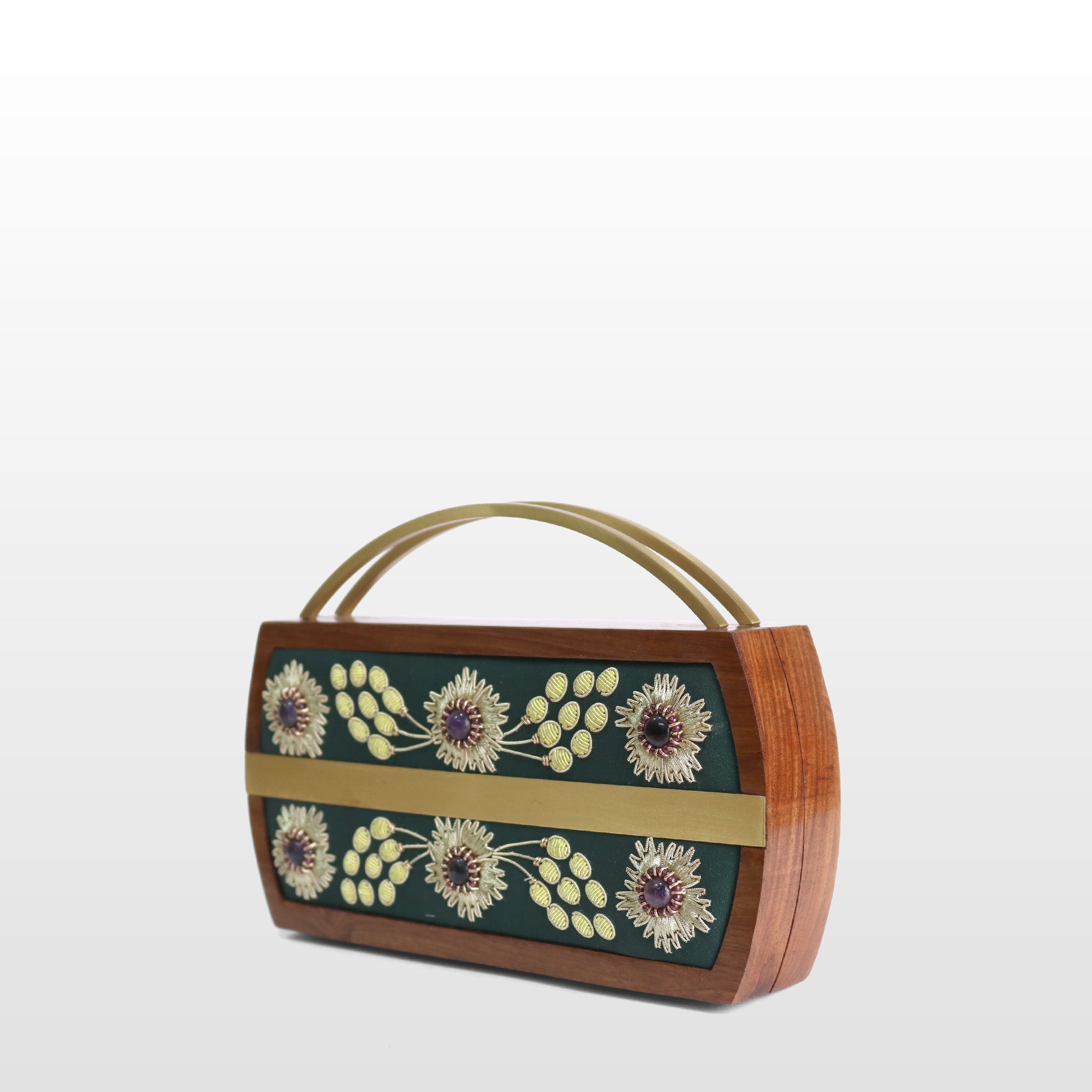 Handcrafted Floral Wooden Frame Top Handle Clutch