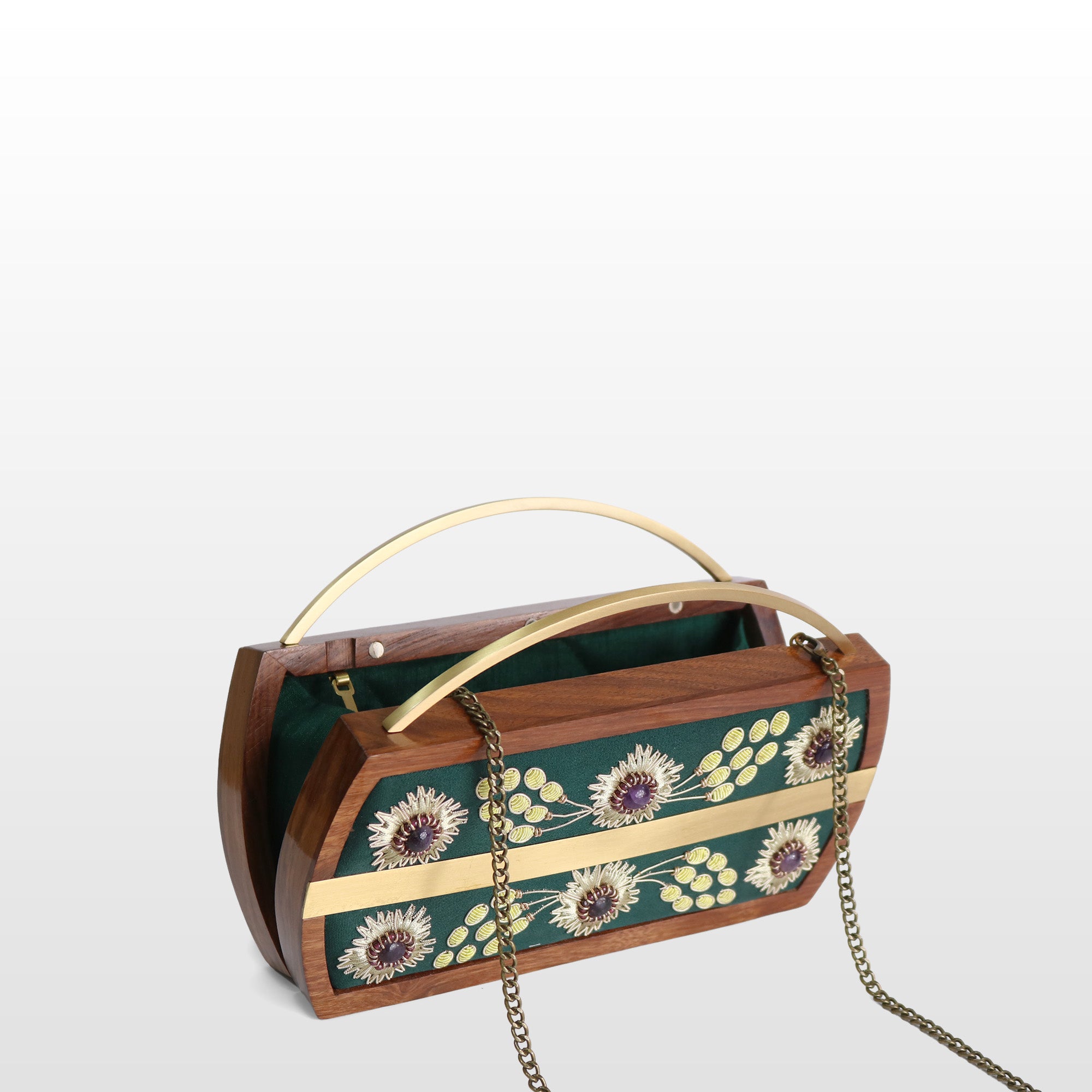 Handcrafted Floral Wooden Frame Top Handle Clutch