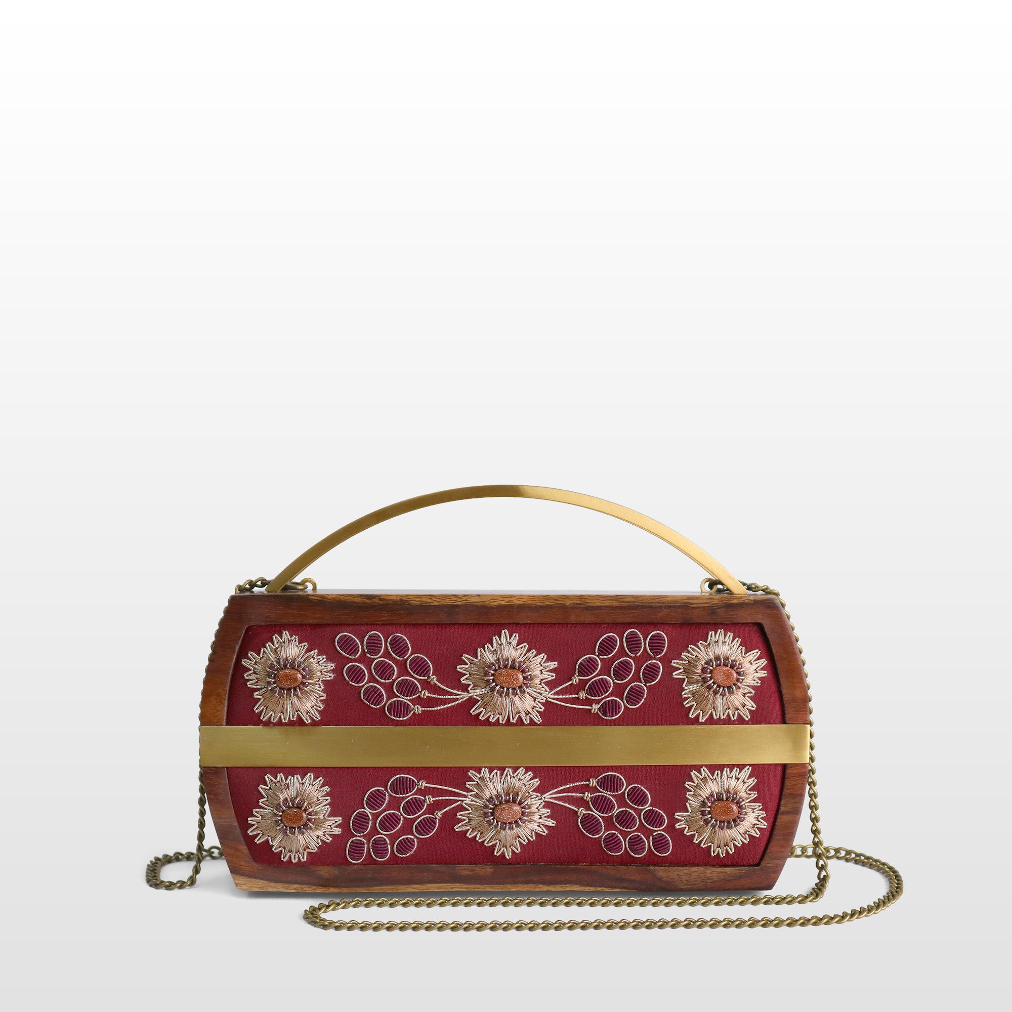 Handcrafted Floral Wooden Frame Top Handle Clutch