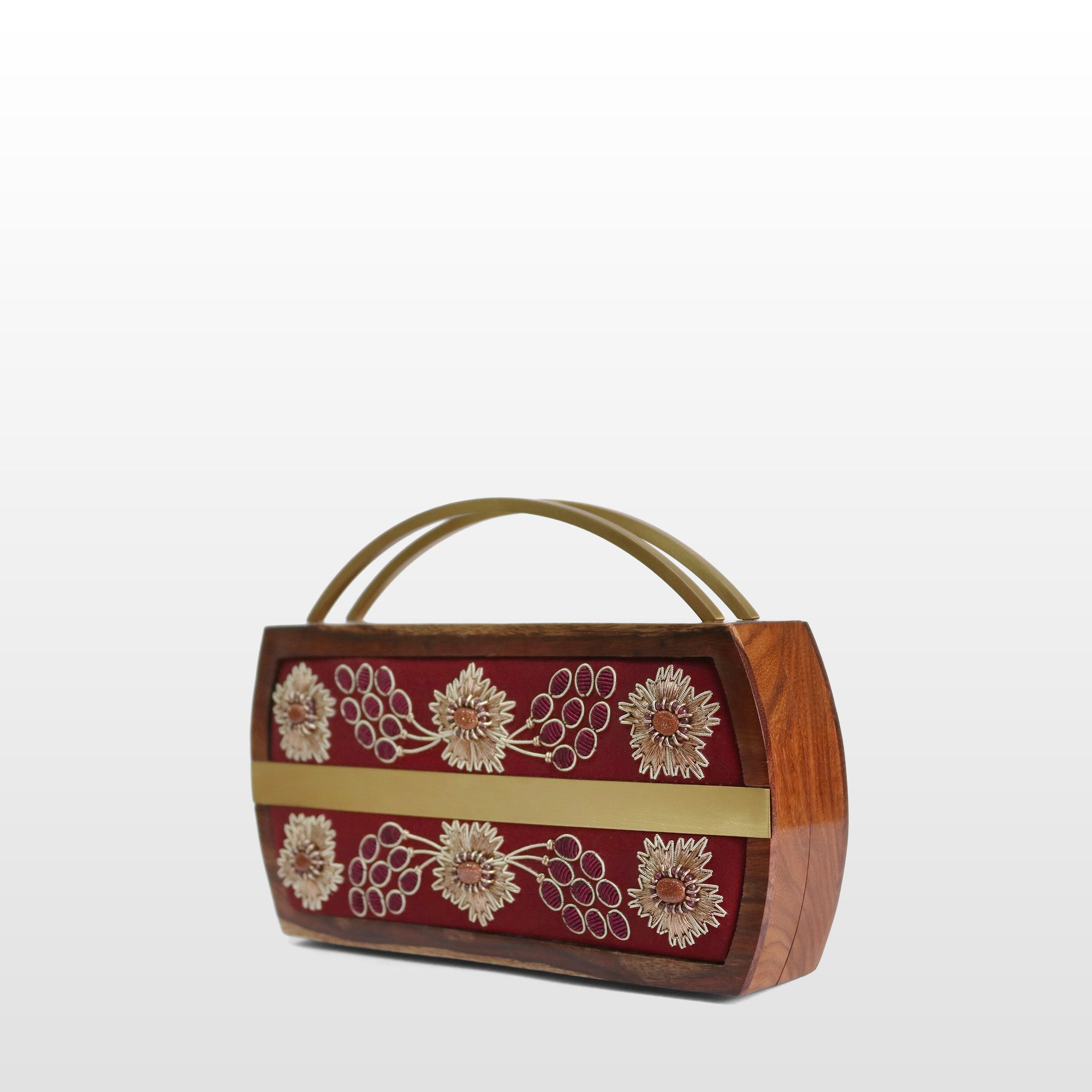 Handcrafted Floral Wooden Frame Top Handle Clutch