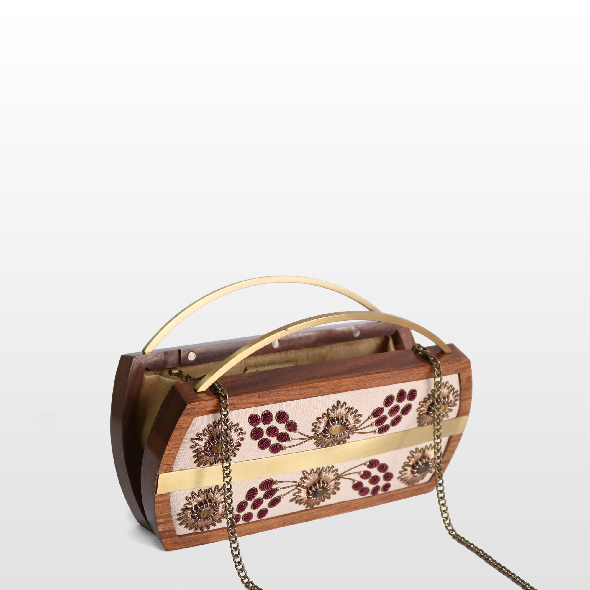 Handcrafted Floral Wooden Frame Top Handle Clutch