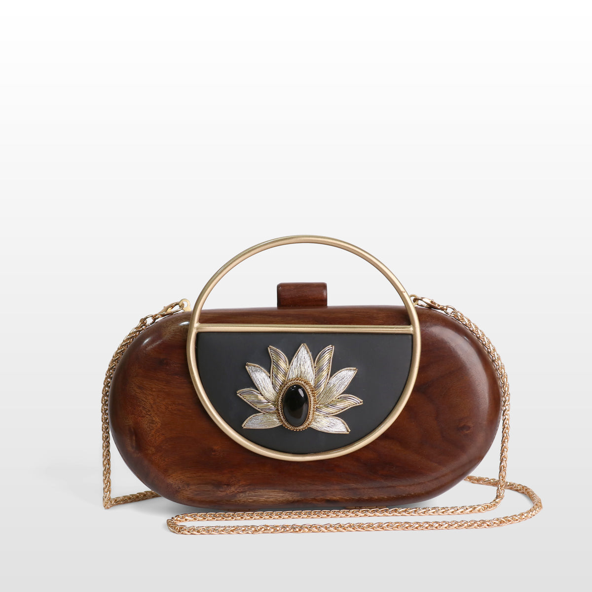 Handcrafted Luxe Lotus Gemstone Oval Box Clutch