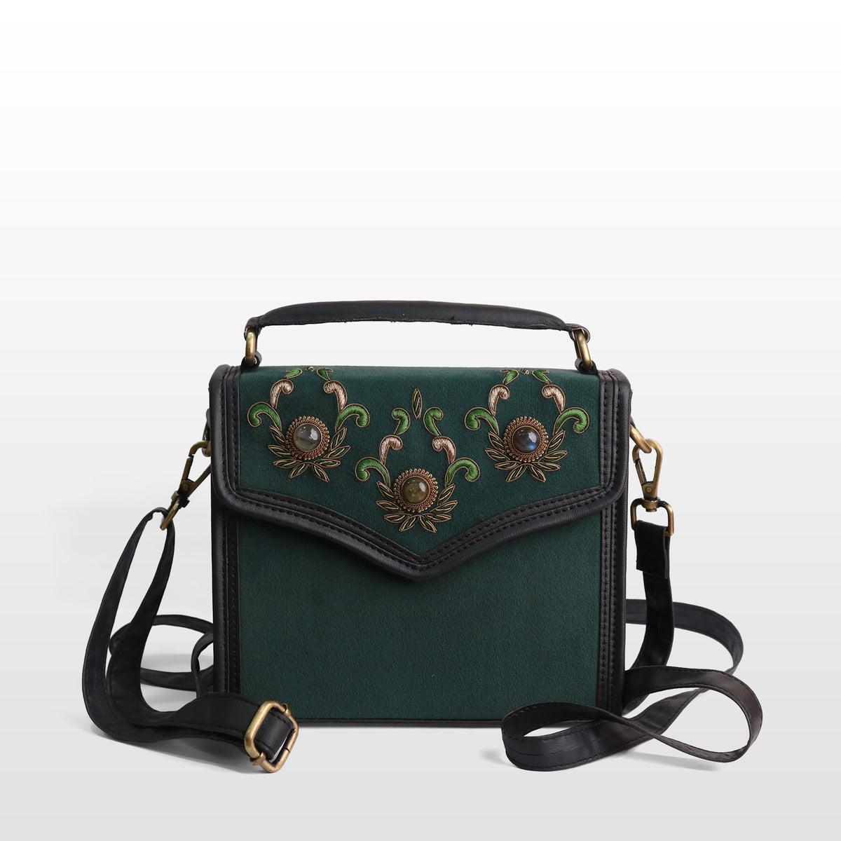 Women Bottle Green Velvet Labradorite Sachtel