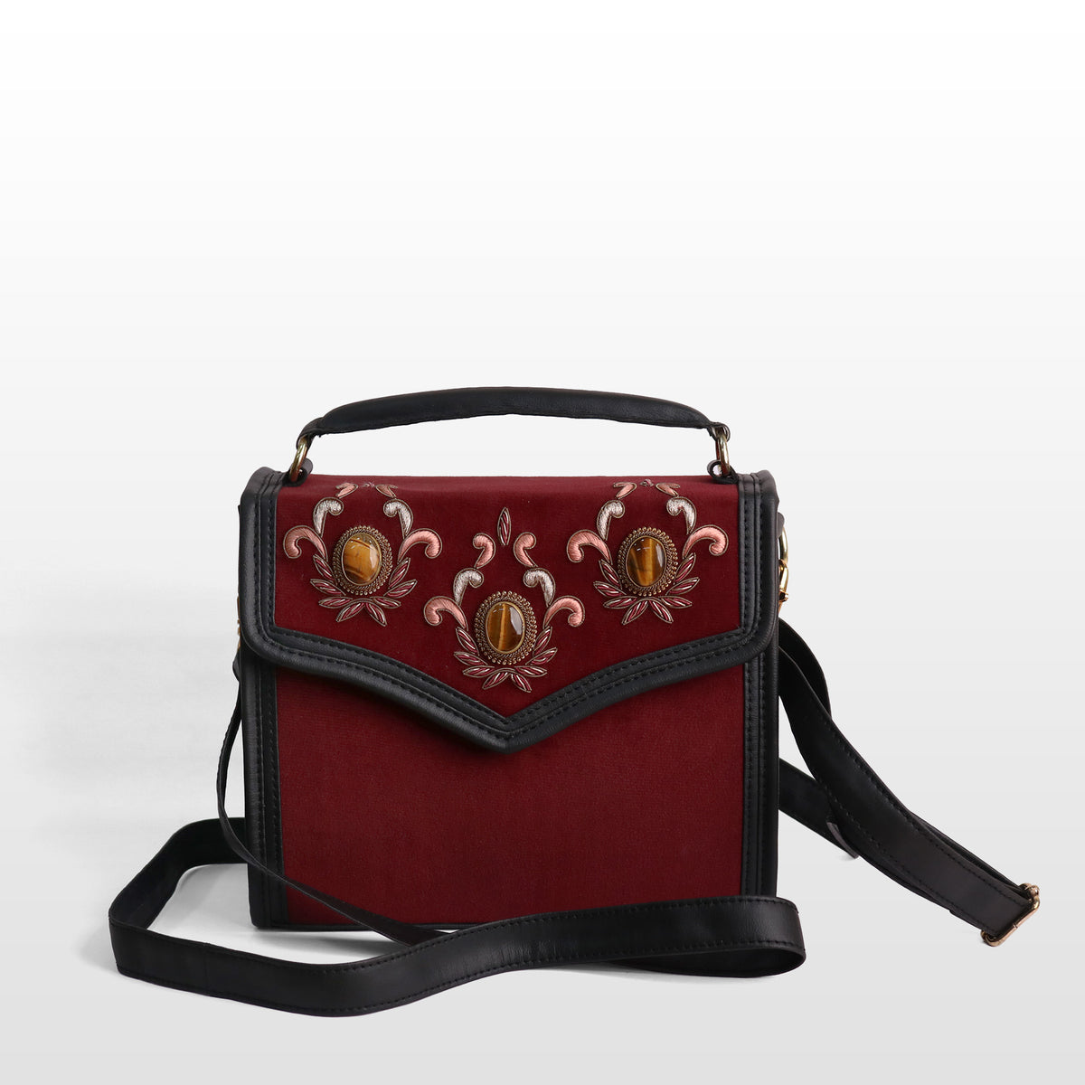 Women Maroon Valvet Tiger Eye Satchel