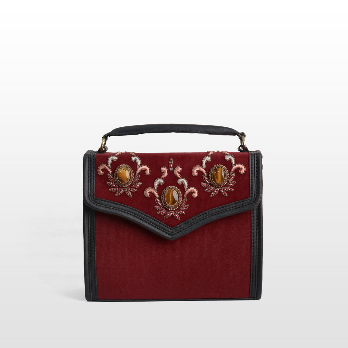 Women Maroon Valvet Tiger Eye Satchel