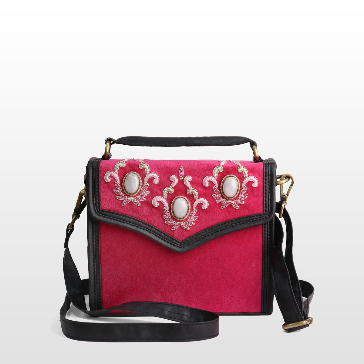 Women Pink Velvet Moonstone Satchel