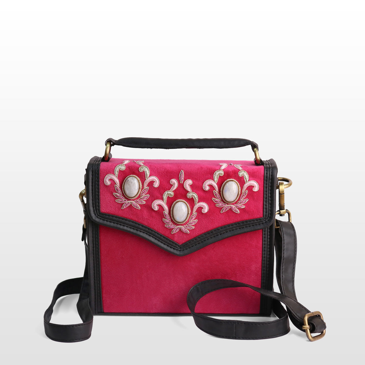Women Pink Velvet Moonstone Satchel
