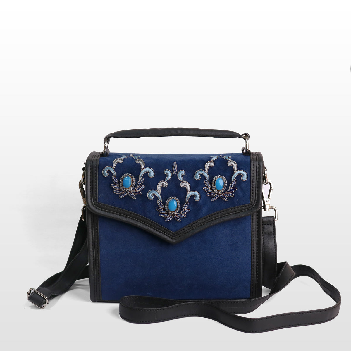 Women Teal Blue Velvet Onyx Satchel