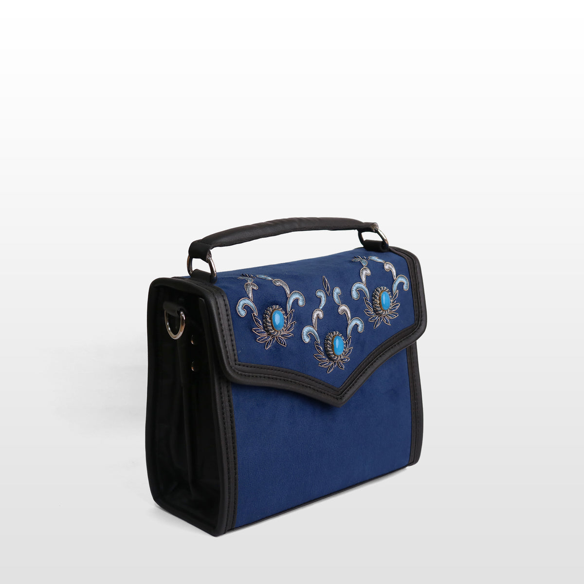 Women Teal Blue Velvet Onyx Satchel