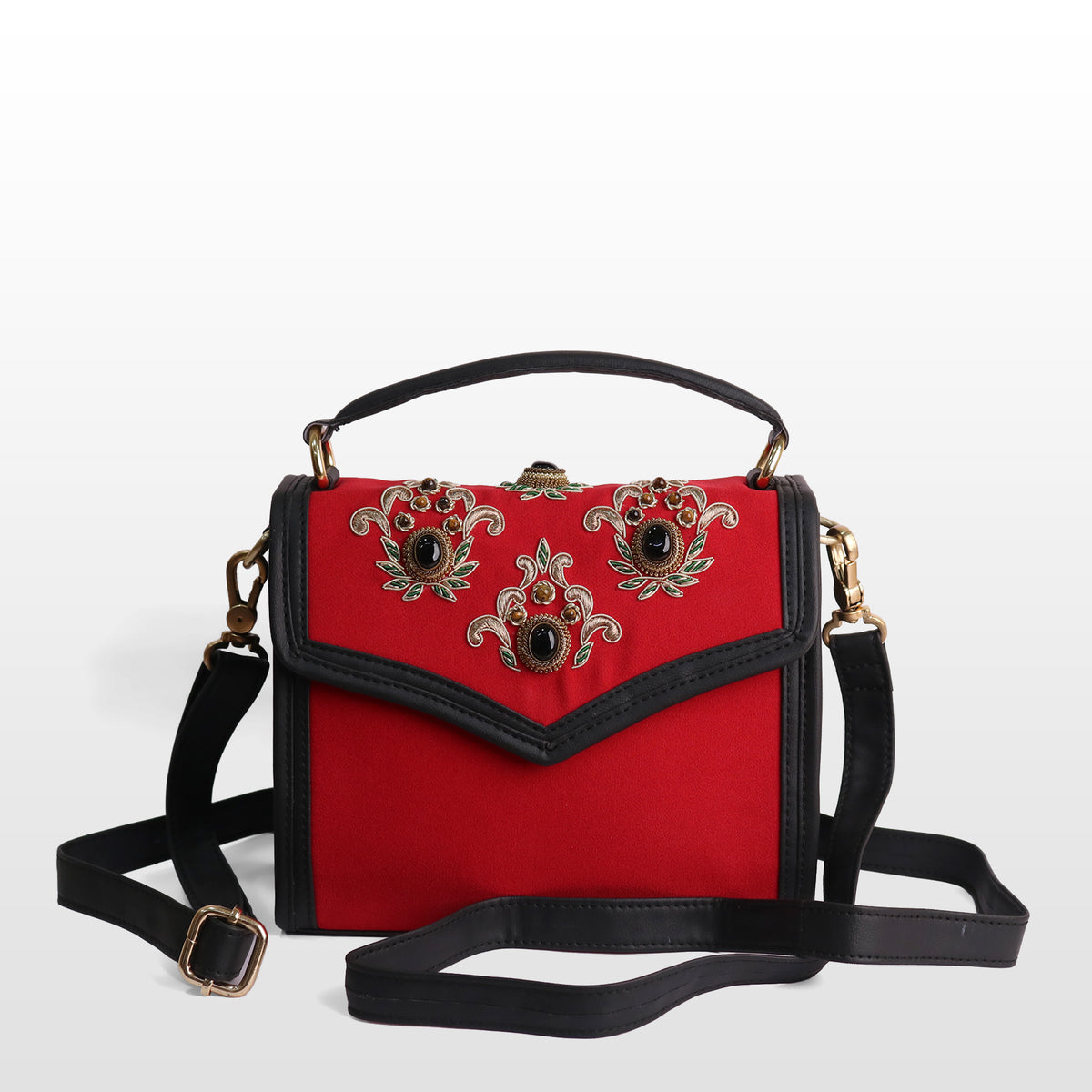 Women Red Velvet Onyx & Tiger Eye Satchel