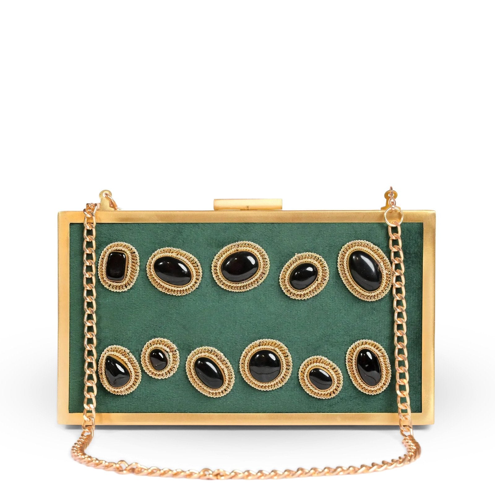 Jahaan Ara – Military Green Zardosi Gemstone Clutch image 1
