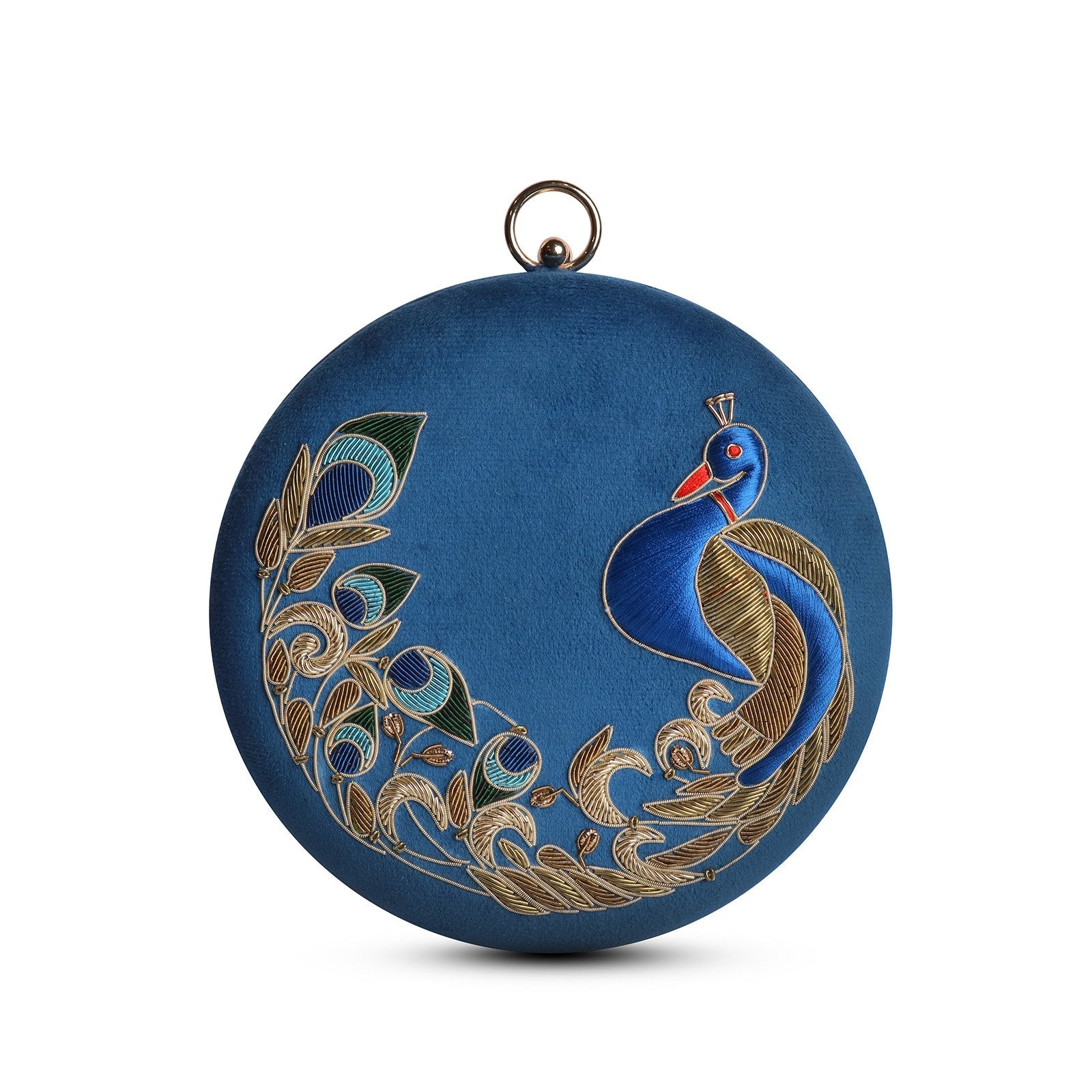 Round Handbag with Peacock Zardosi & Resham Embroidery - Teal Blue image