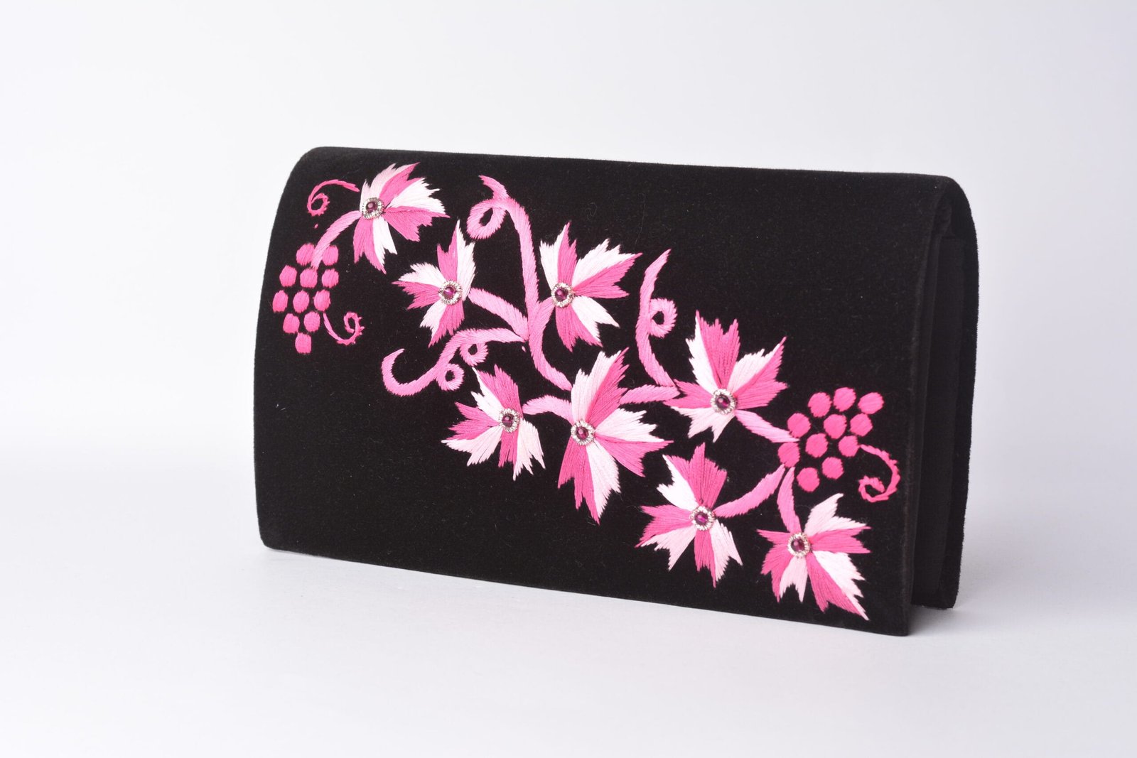 Black Velvet Pink Embroidery Bag, Crossbody Bag Embellished with Pink Embroidery image 0