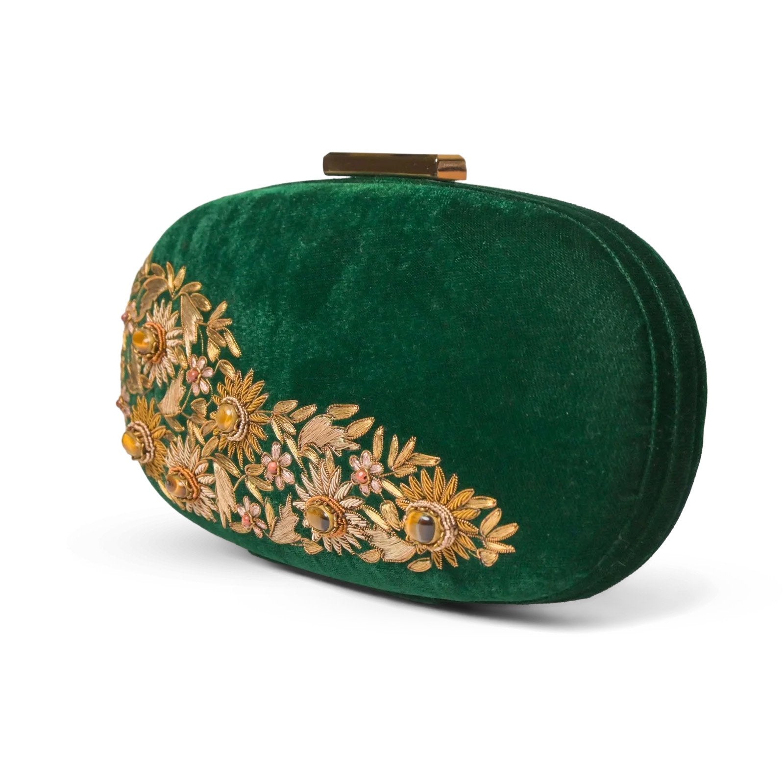 Garden of Gems: Oval Clutch with Floral Hand Embroidery, Velvet Handbag with Metallic Frame, Loaded with Tiger Eye & Sand Stone image 5