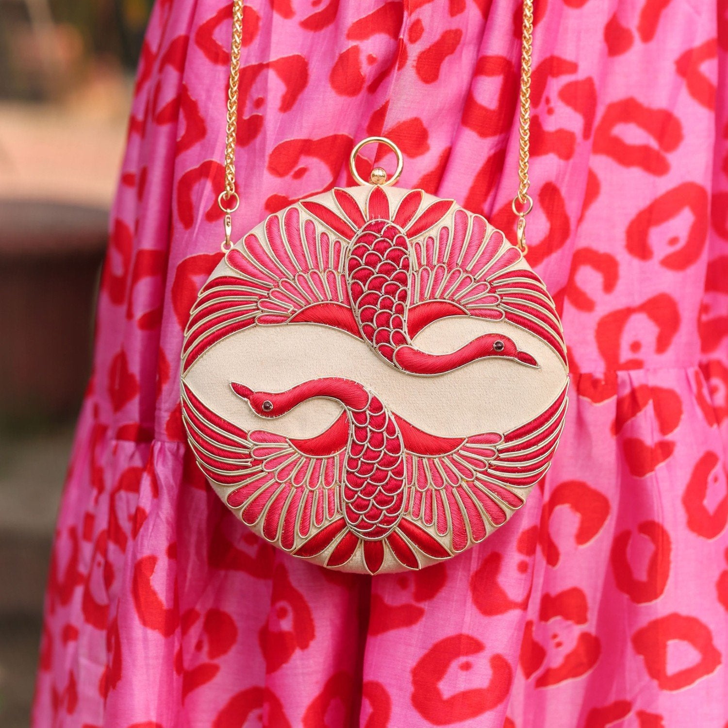 Swan Song in Noir Majesty – Round Zardosi Handbag - Beige image