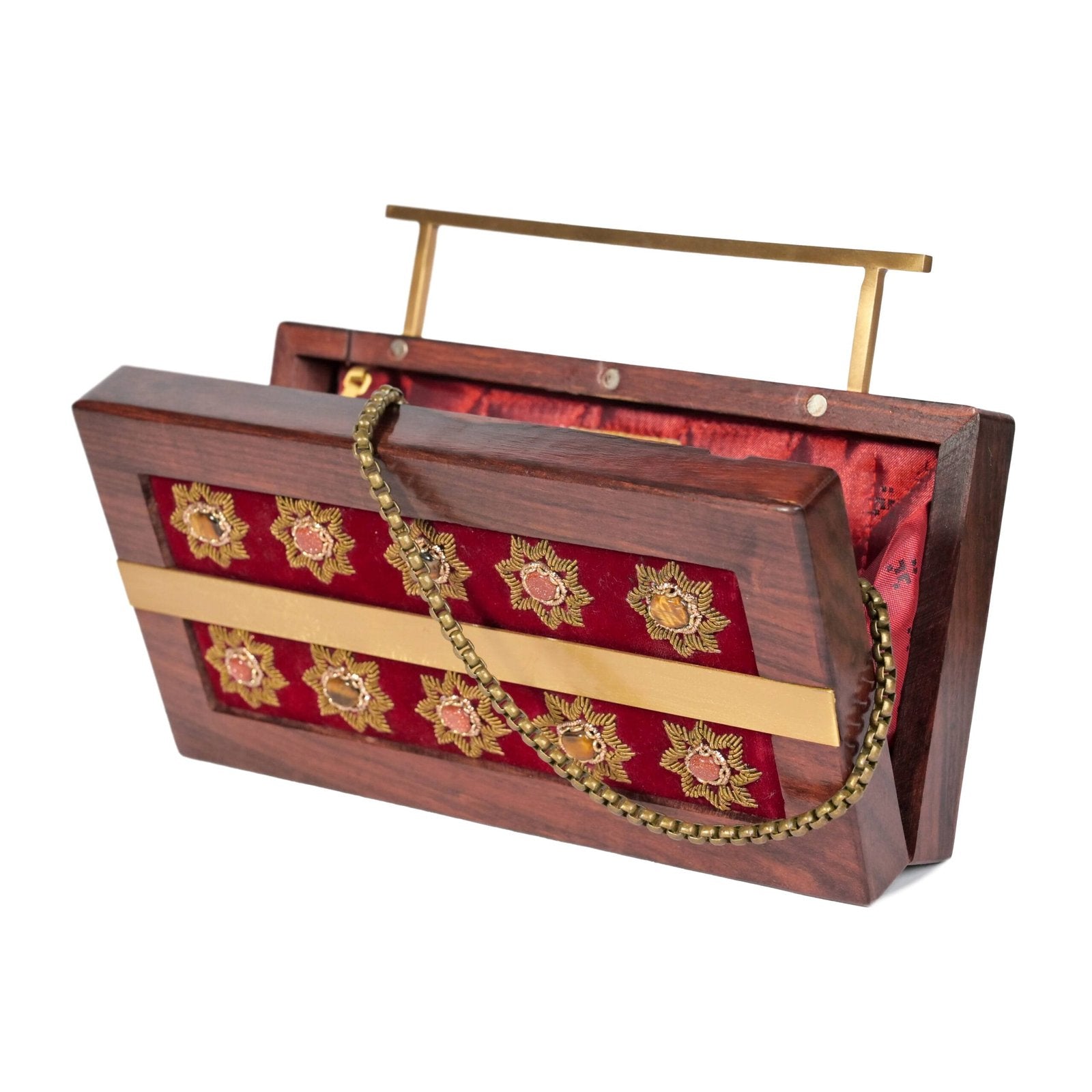 Gulnaar – Maroon Velvet Zardosi Wooden Clutch image 3