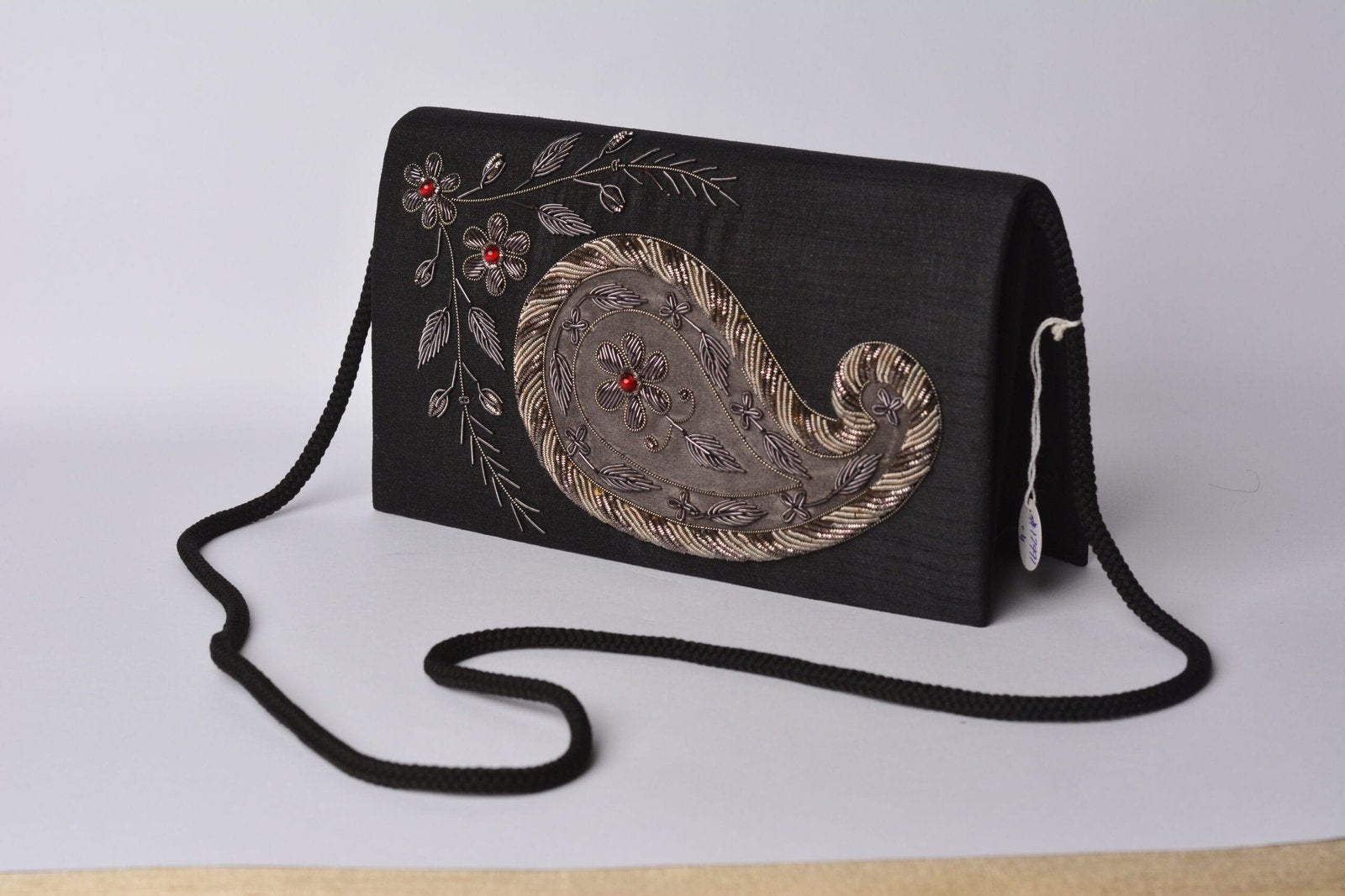 Black Silk Handmade Crossbody Bag, Embellished with Gemstone Embroidery image 0
