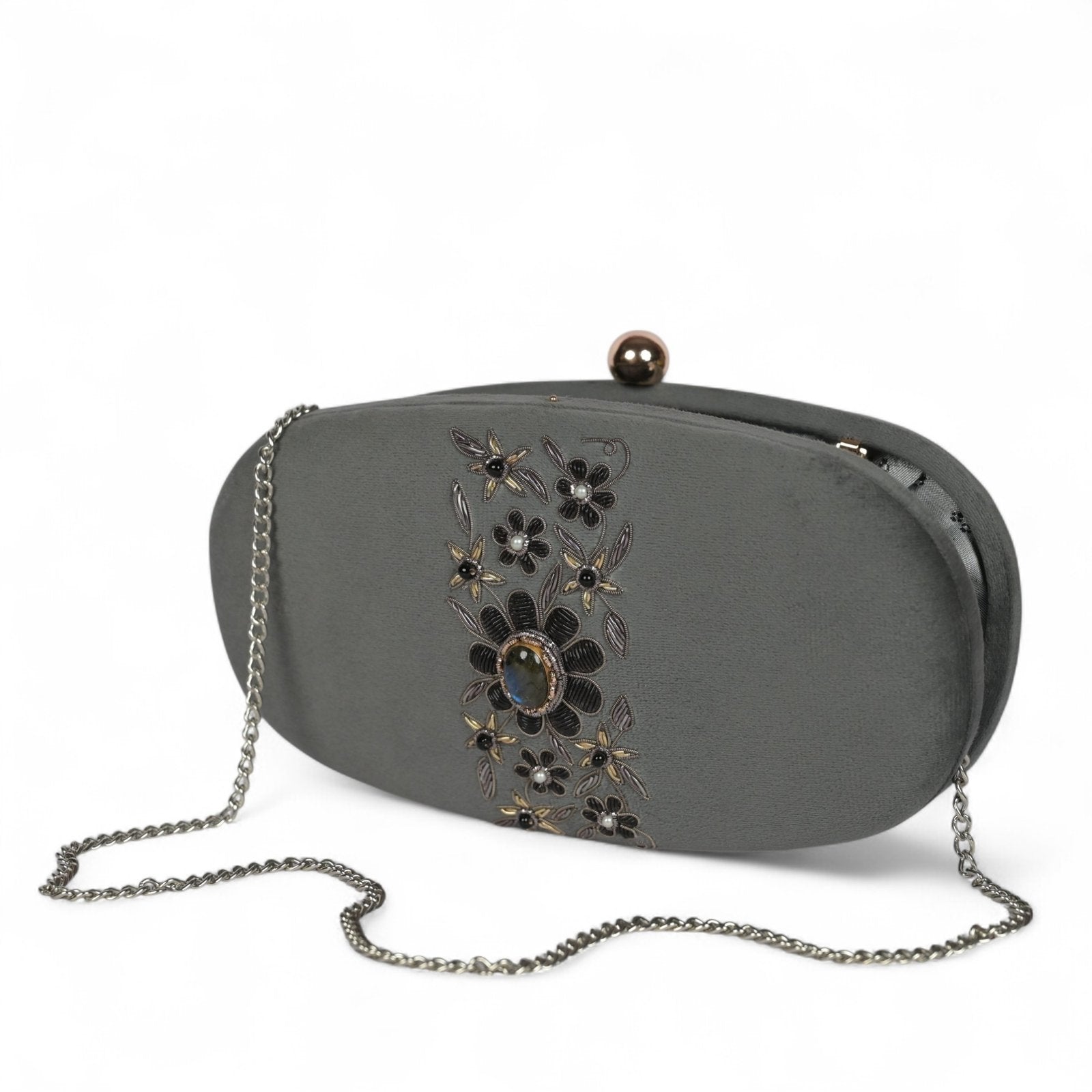 Petal Luxe Velvet Wrapped Oval Clutch - Grey image