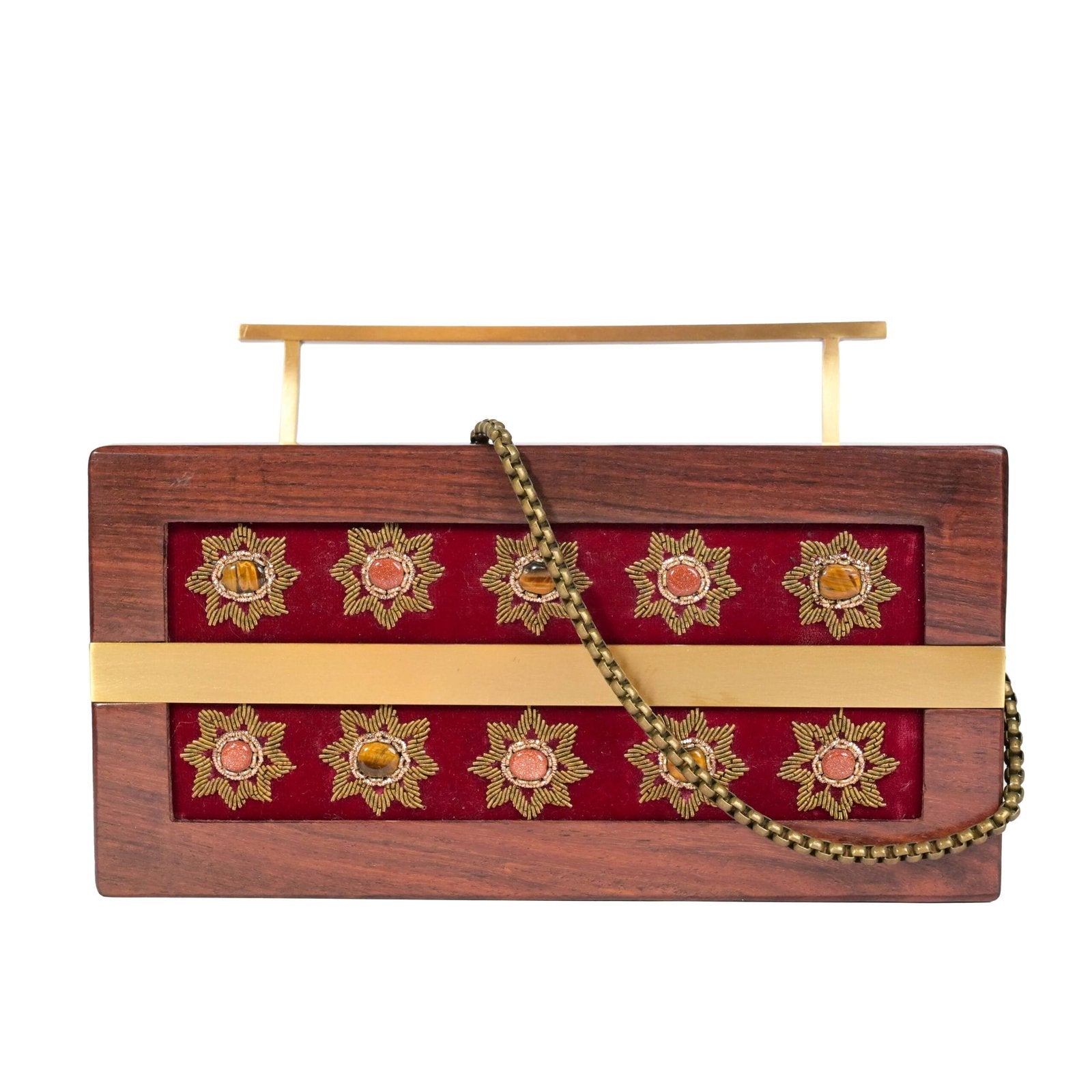 Gulnaar – Maroon Velvet Zardosi Wooden Clutch image 1