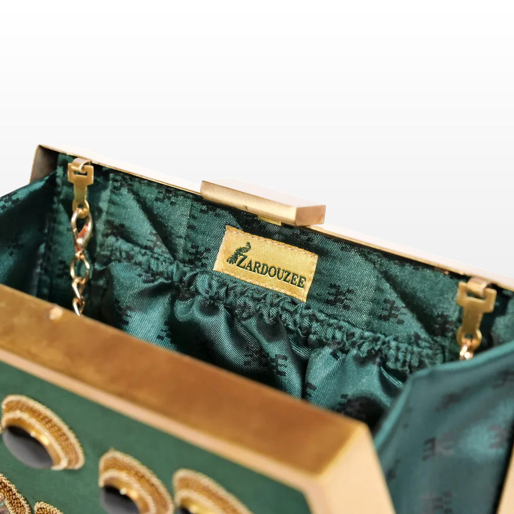 Jahaan Ara – Military Green Zardosi Gemstone Clutch