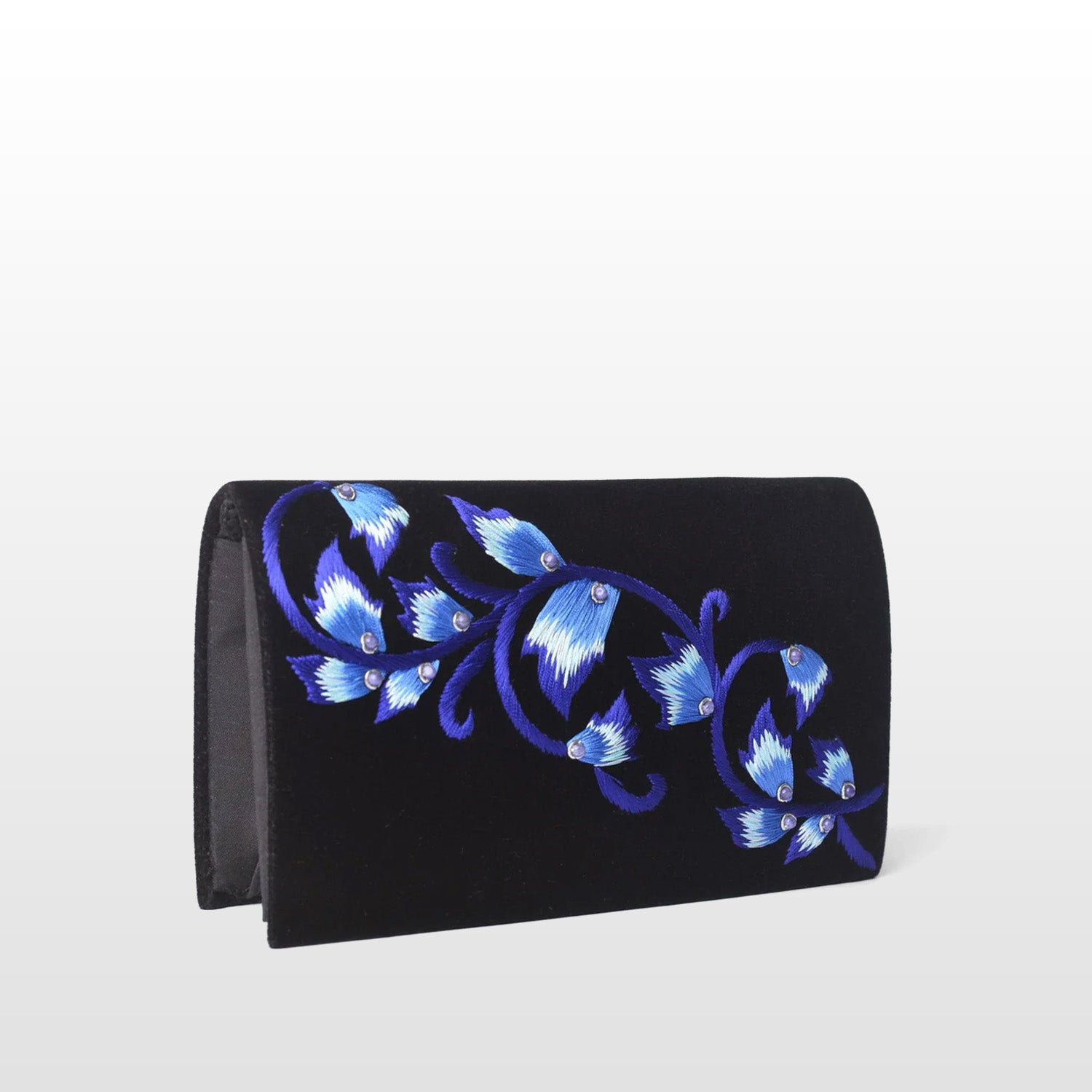 Black Velvet Handmade Crossbody Bag, Embellished with Gemstone Embroidery