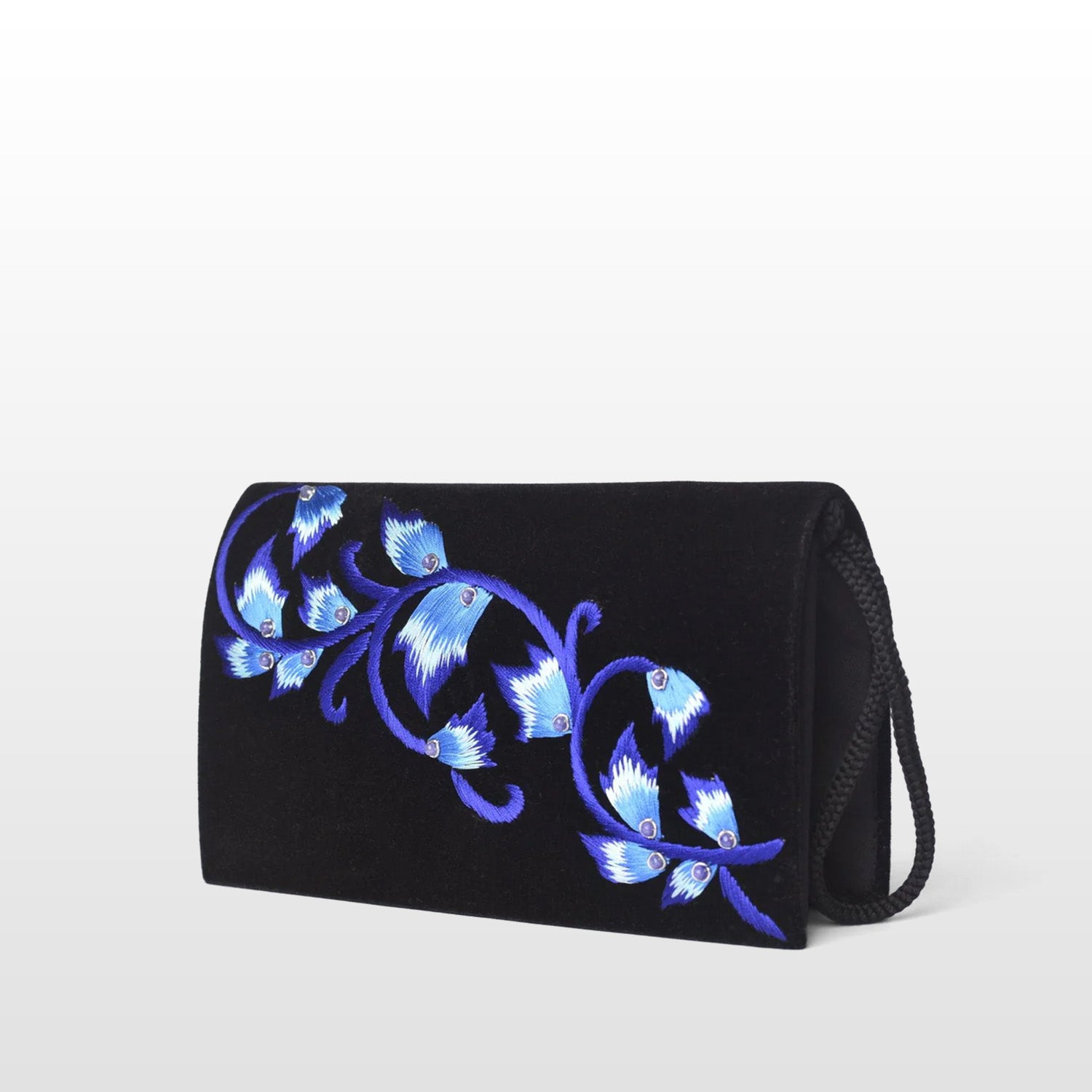 Black Velvet Handmade Crossbody Bag, Embellished with Gemstone Embroidery