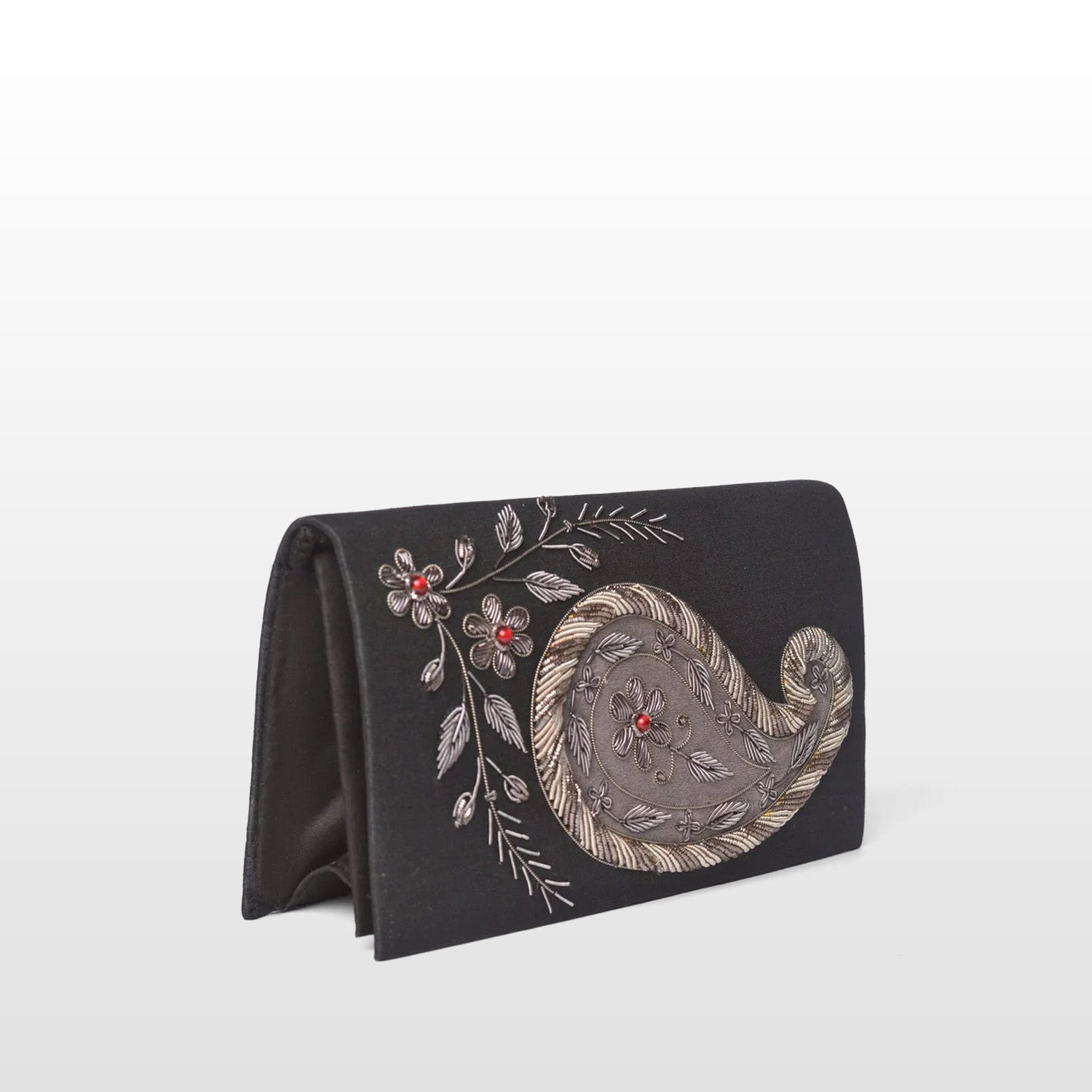 Black Silk Handmade Crossbody Bag, Embellished with Gemstone Embroidery