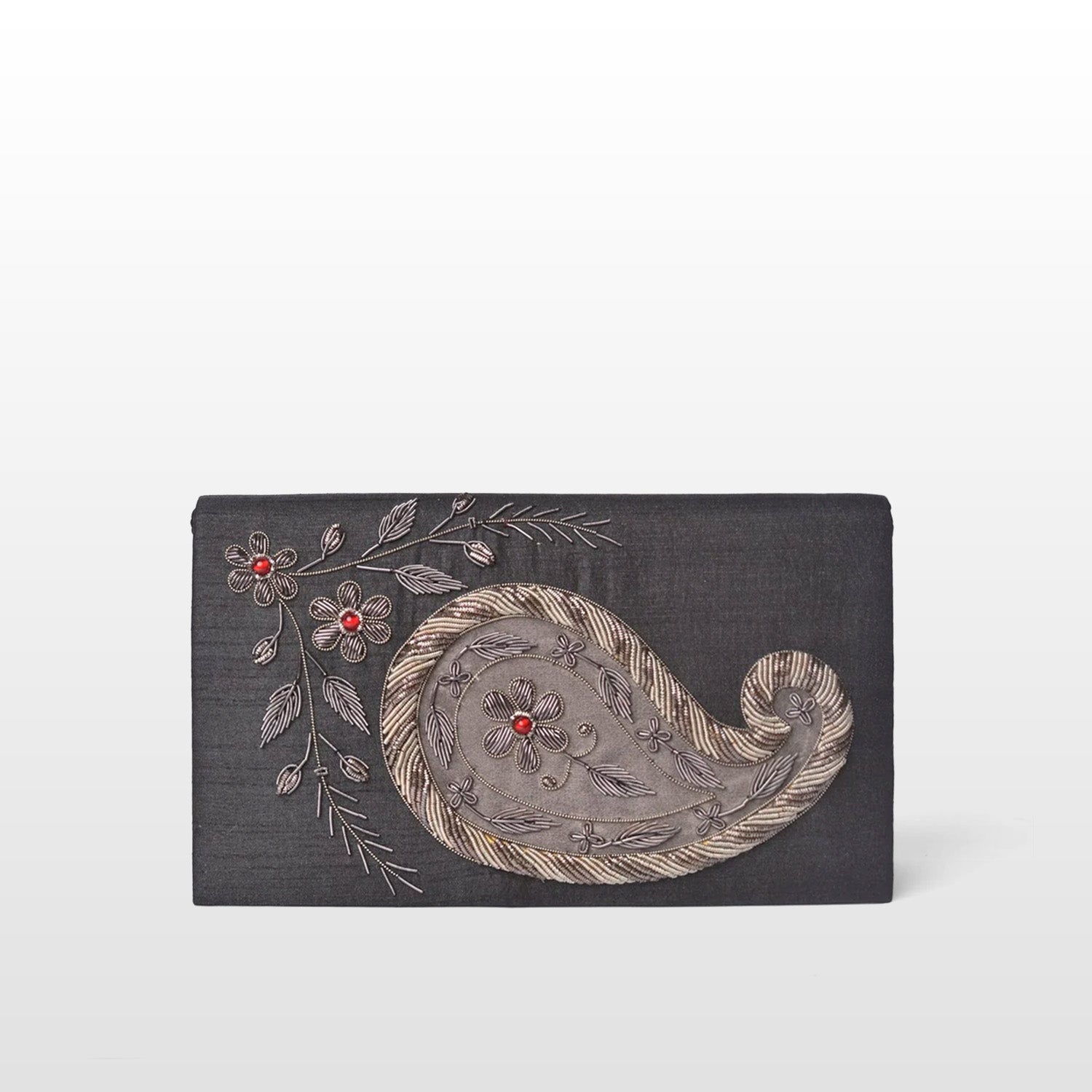 Black Silk Handmade Crossbody Bag, Embellished with Gemstone Embroidery