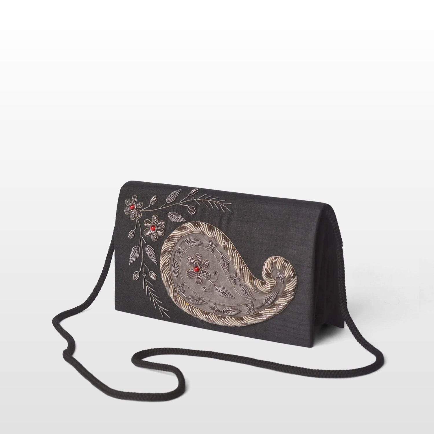 Black Silk Handmade Crossbody Bag, Embellished with Gemstone Embroidery
