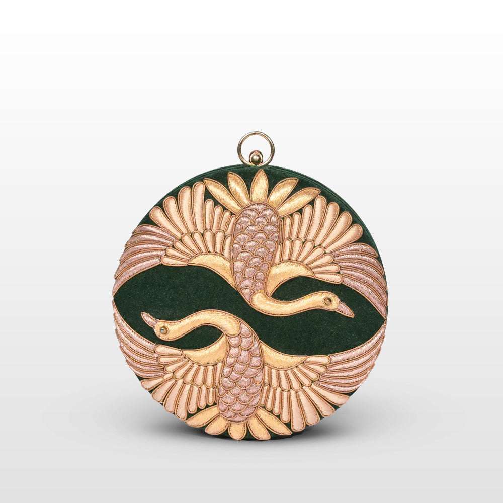 Swan Song in Noir Majesty – Round Zardosi Handbag