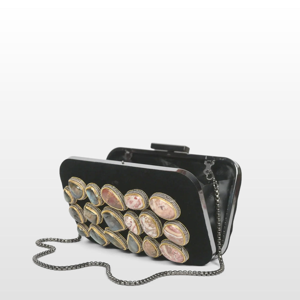 "Handmade Black Velvet Clutch: Zardosi Elegance with Agate & Labradorite Gemstones"