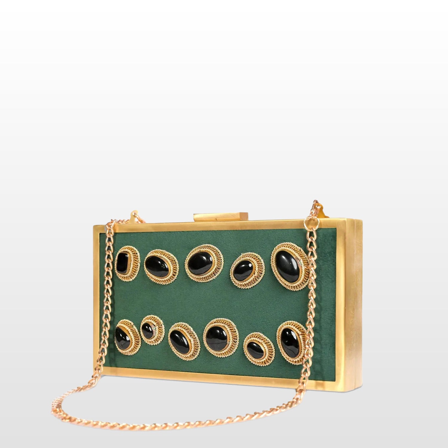 Jahaan Ara – Military Green Zardosi Gemstone Clutch