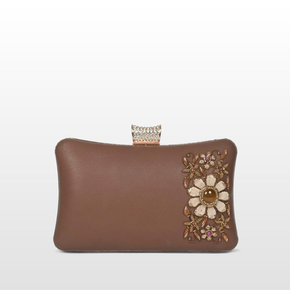 Artisan Elegance: Brown Leather Clutch with Floral Zardosi and Precious Gemstones