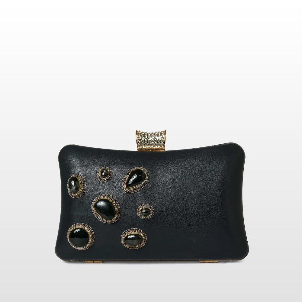 Black Rectangle Handmade Clutch Bag with Jeweled Sparkling Closure knob