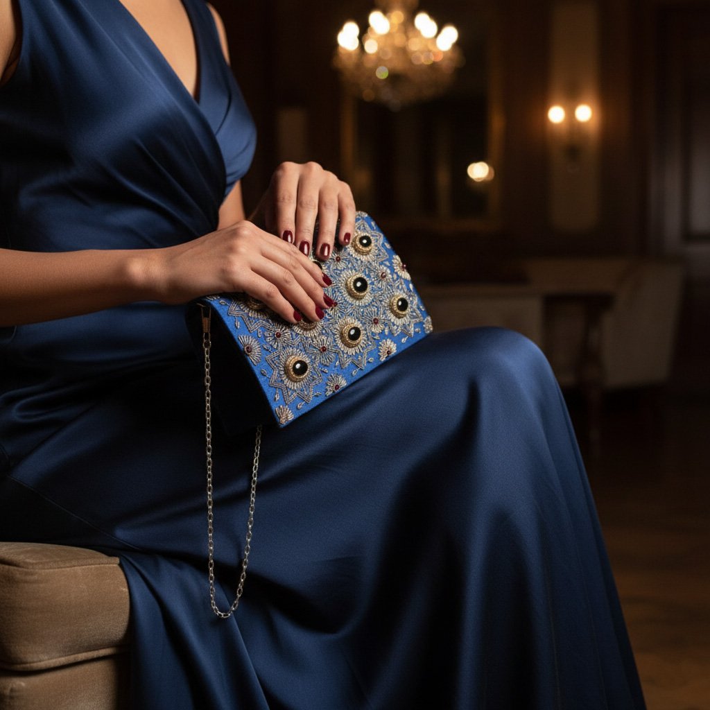 Oceanic Opulence: Handmade Blue Silk Shoulder Bag for Women, Adorned with Dazzling Gemstone Embroidery 1 Gemini Generated Image 7ptl9u7ptl9u7ptl