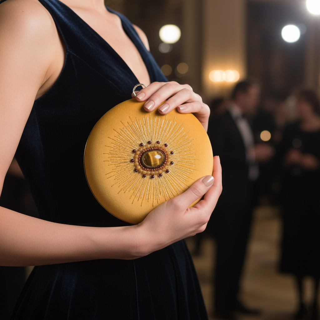 Radiant Earthtones: Hand-Embroidered Mustard Round Hand Clutch 1 Gemini Generated Image fp9c4lfp9c4lfp9c