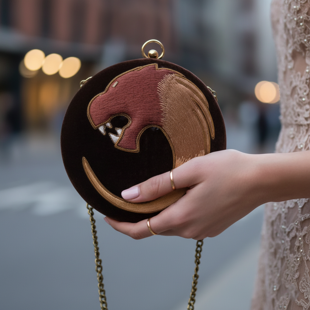 Rustic Elegance: Handmade Round Brown Velvet Clutch Embellished with Intricate Embroidery Pattern 1 Gemini Generated Image ojl7khojl7khojl7