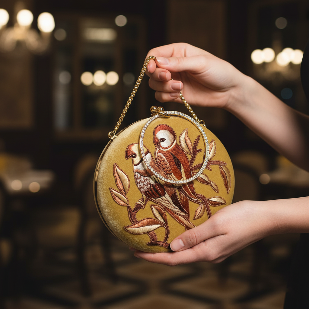 Whimsical Parrot Charm: Beige Velvet Round Parrot Clutch for Women 1 Gemini Generated Image 1i4myd1i4myd1i4m